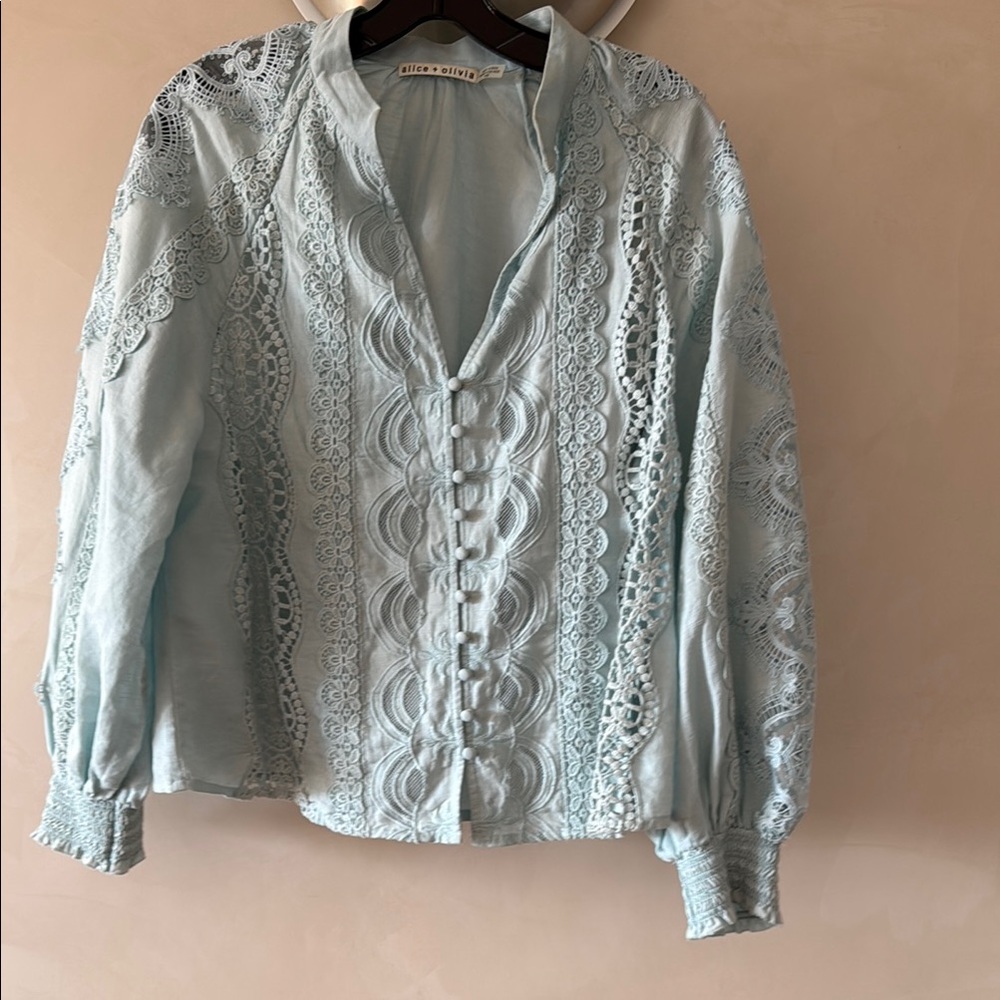 Alice + Olivia Green Long Sleeve Embellished Blouse